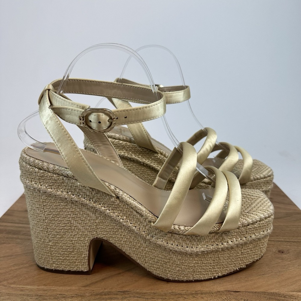 New Womens Sam Edelman Tibby Gold Satin Wedge Heeled Sandals Shoes Size 10.5 M